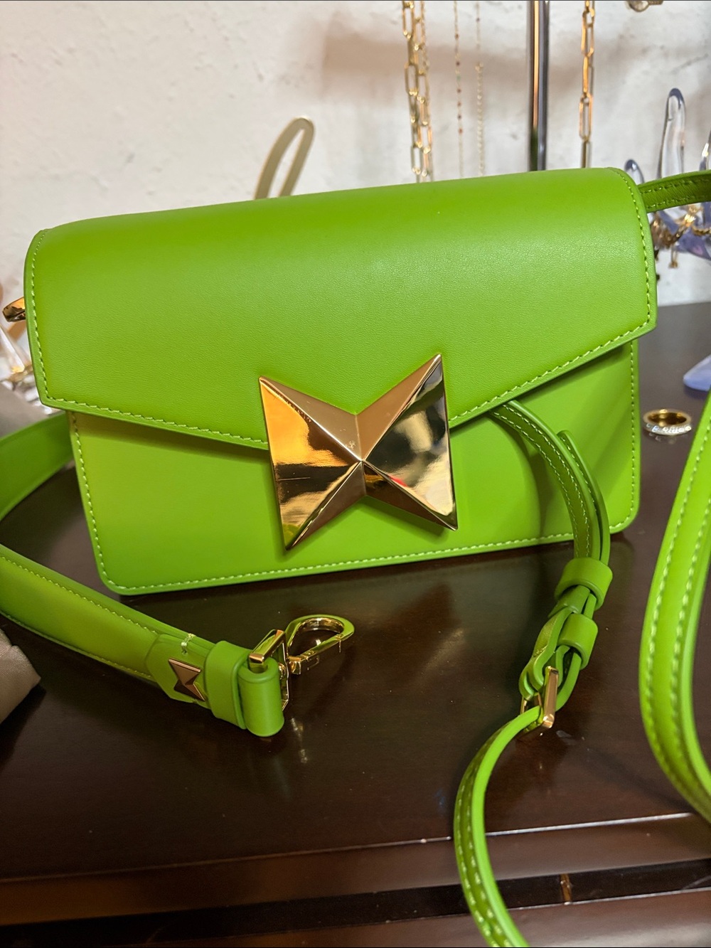Mac Duggal Lime Green Leather Crossbody with Gold Bow Accent